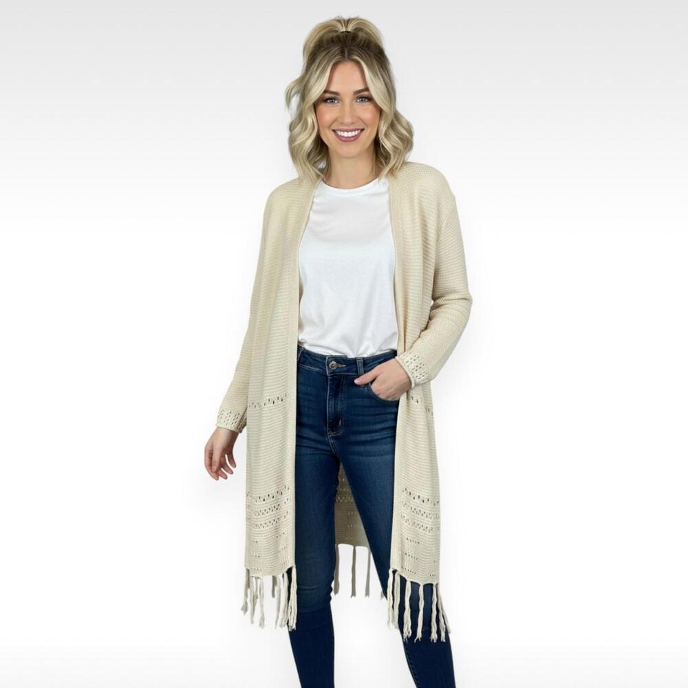 Pink Lily Cream/Beige Pointelle Fringe Open Front Cardigan | Size Large | Boho